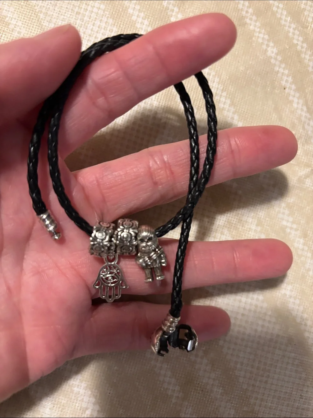 Pandora Black Braided Leather Bracelet with Silver Hamsa and Decorative Charms